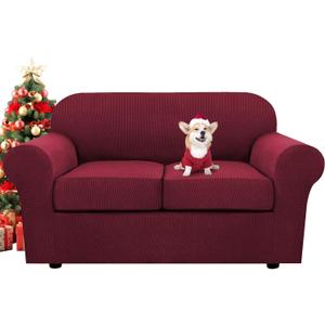 H.VERSAILTEX 3 Piece Stretch Sofa Covers for 2 Cushion Loveseat Couch Covers for Living Room Furniture Cover (Base Cover Plus 2 Seat Cushion Covers) Thicker Jacquard Fabric(Medium Sofa, Burgundy)