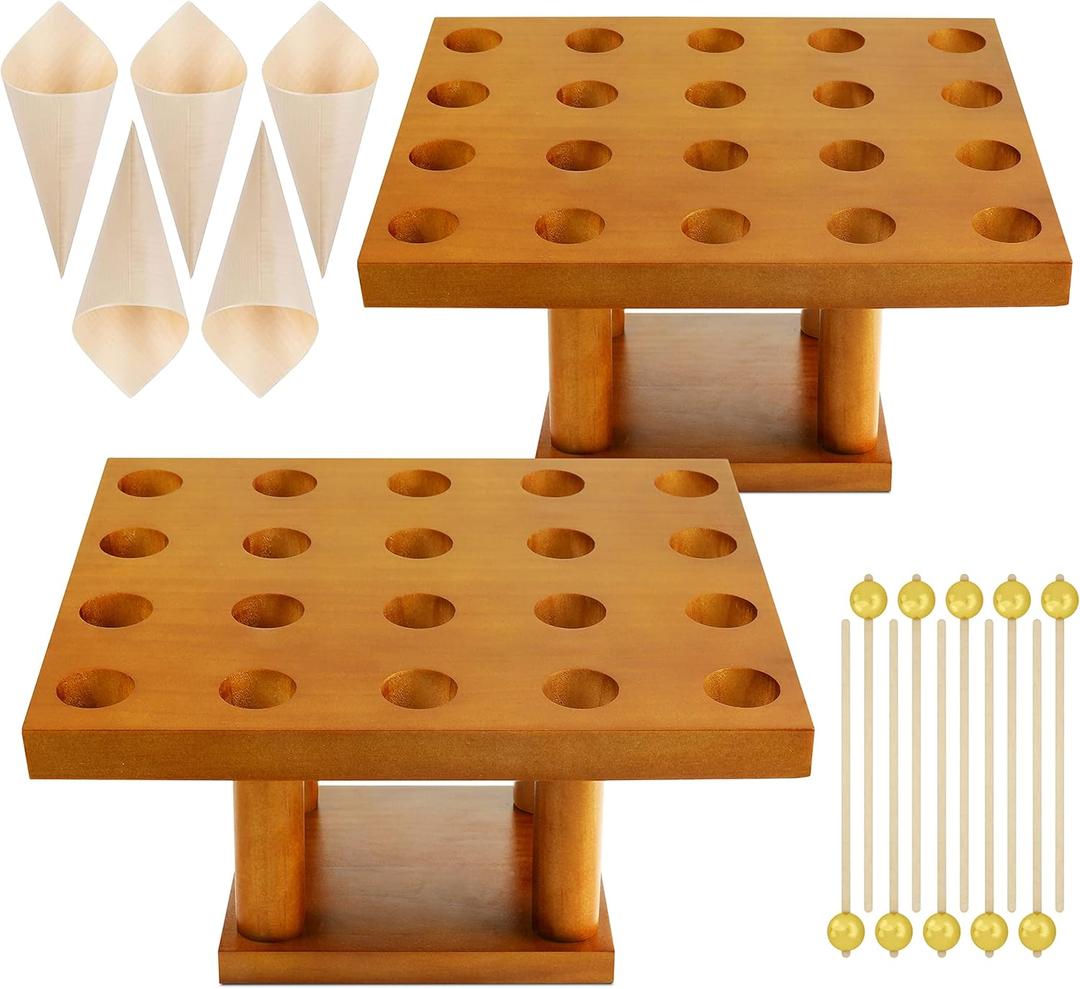 2 Pack Cone Holder Stand with 40 Holes Capacity Charcuterie Cone Holder, Ice Cream Cone Holder for Birthday Party Restaurant, with Gift Wood Cones Pearl Skewers