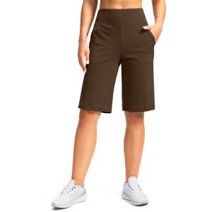 Women's Bermuda Shorts 12" Knee Length with Pockets High Waisted Stretch Long Shorts for Women Casual Walking (Brown, S) (Brown)