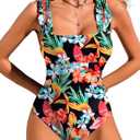 Ekouaer Women's One Piece Swimsuits Square Neck Tummy Control Bathing Suit with Adjustable Ruffled Straps Swimwear (M)
