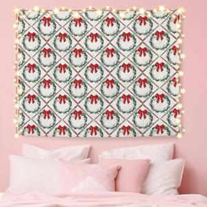 NATSUNO Red and Green Christmas Tapestry, Coquette Red Bow Christmas Wreath Wall Tapestry for Bedroom, Preppy Xmas Holiday Tapestries Wall Hanging for Home Bedroom Living Room Decor, 50x60 Inches