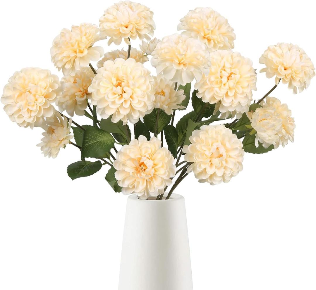 6PCS Dahlia Artificial Flowers with 3 Heads 29in Long Stem Faux Dahlia Silk Flowers Fake Dahlia Bouquets for Wedding Home Baby Shower Table Centerpieces Decor Floral Arrangements (Champagne)
