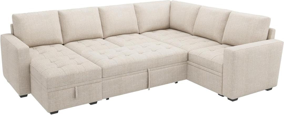 HONBAY Sectional Sleeper Sofa Couch with Pull Out Bed, Convertible L Shaped Couch with Storage, Sleeper Sectional Sofa Bed for Living Room, Beige