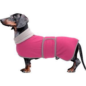 Dachshund Coats Sausage Dog Fleece Coat in Winter Miniature Dachshund Clothes with Hook and Loop Closure and high vis Reflective Trim Safety - Pink -(Back: 14"-15"in) Small