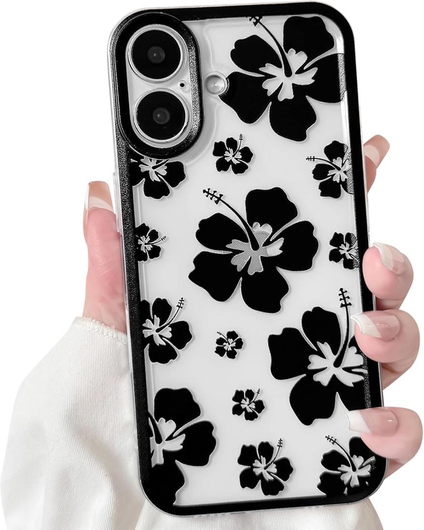 Lovmooful Compatible for iPhone 16 Case Clear Cute Floral Flower Hibiscus with Color Edge Design for Girls Women Soft TPU Shockproof Protective Girly for iPhone 16 Case-Black