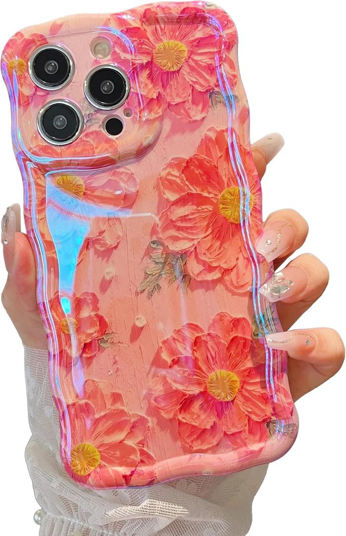XIZYO Case for iPhone 14 Pro Max, Colorful Retro Oil Painting Flower Cute Floral Aesthetic Curly Wave Frame Laser Glossy Reflective Exquisite Stylish Protective Cover Women Girls-Pink Flower/Pink