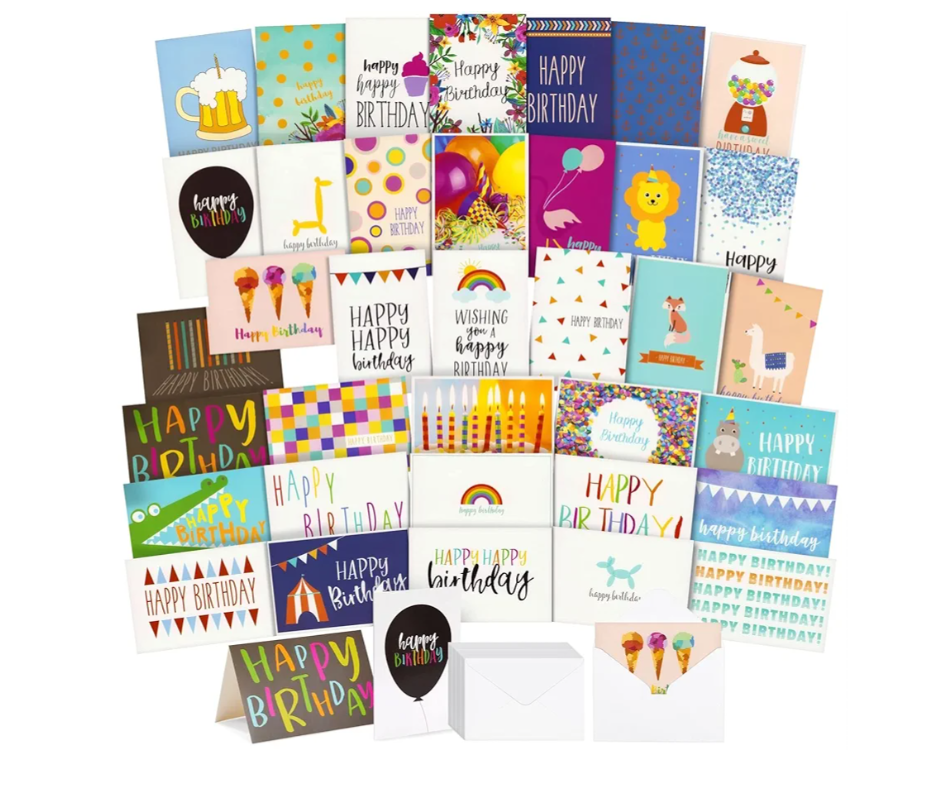 Best Paper Greetings 144 Pack Birthday Cards Bulk with Envelopes, 36 Colorful Designs for Adults and Kids, 10x15 cm