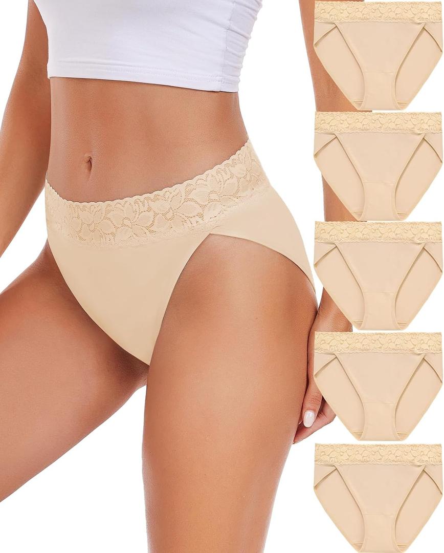 RHYFF Womens Underwear Cotton Bikini Panties High Cut Lace Panty Stretch Hipster Underpants Ladies Briefs (Beige, XL)
