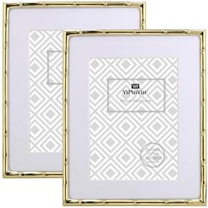 YiPinYin 8x10'' Bamboo Detail Gold Metal Picture Frame with Acid Free Mat for 5 X7'' Set of 2, Elegant Narrow Plated Photo Frames 5x7'' With Velvet Backing for Desktop and Wall Décor(Gold)