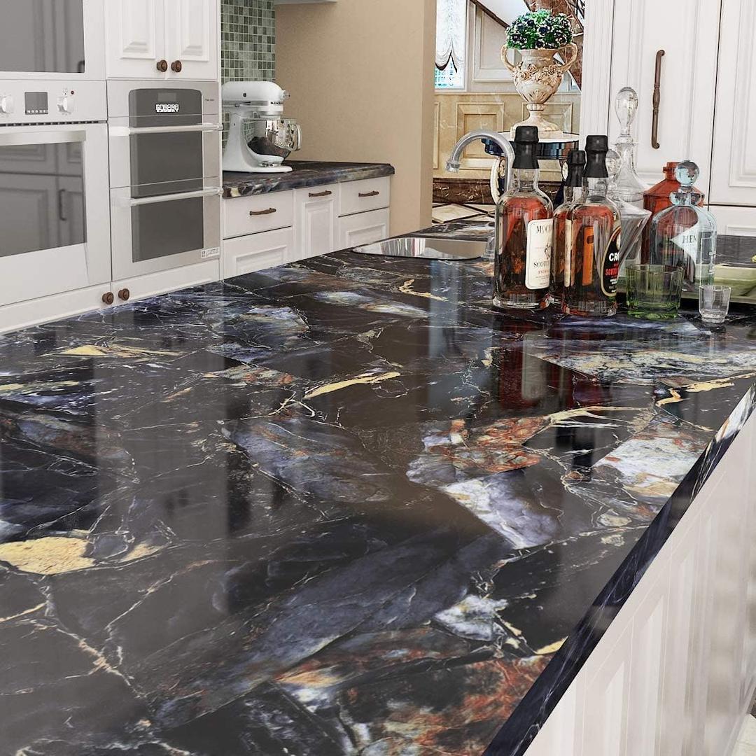 Livelynine 24 X197 Inch Wide Contact Paper for Countertops Waterproof Dresser Cover Top Black and Gold Wallpaper Marble Peel and Stick Countertop for Kitchen Counter Laminate Sheets Table Sticker