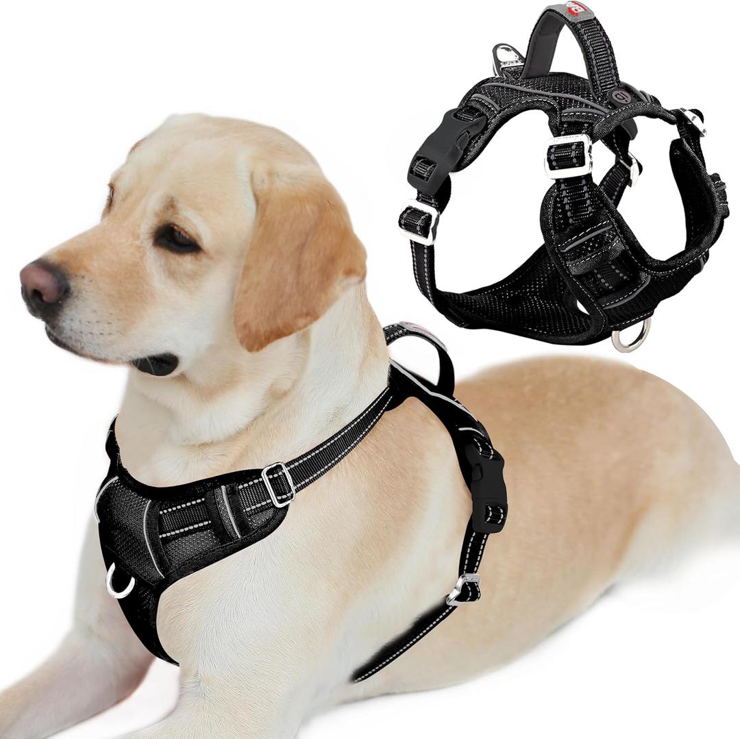 BARKBAY Dog Harness No Pull with ID Tag Pocket - Heavy Duty, Reflective, Easy Control for Large Dogs(Black,L) (Large(Chest:24.5-32.5"))