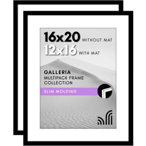 Americanflat 16x20 Picture Frame with Polished Plexiglass - Set of 2 - Use as 12x16 Frame with Mat or 16x20 Frame Without Mat - Galleria Collection - Photo Frames for Wall Display - Black