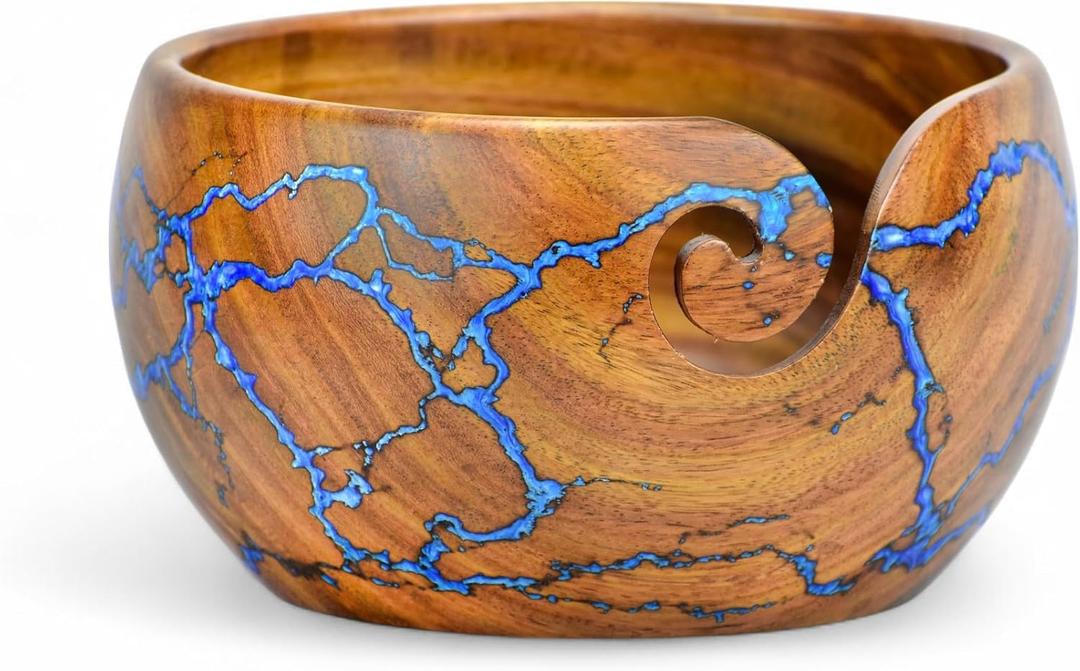 Large Yarn Bowl for Crocheting, Indian Rosewood Knitting Wooden Large Yarn Bowl Holder, Handmade Crocheting String Storage Holder, Knitting Crochet Accessories. (Brown + Blue Resin)
