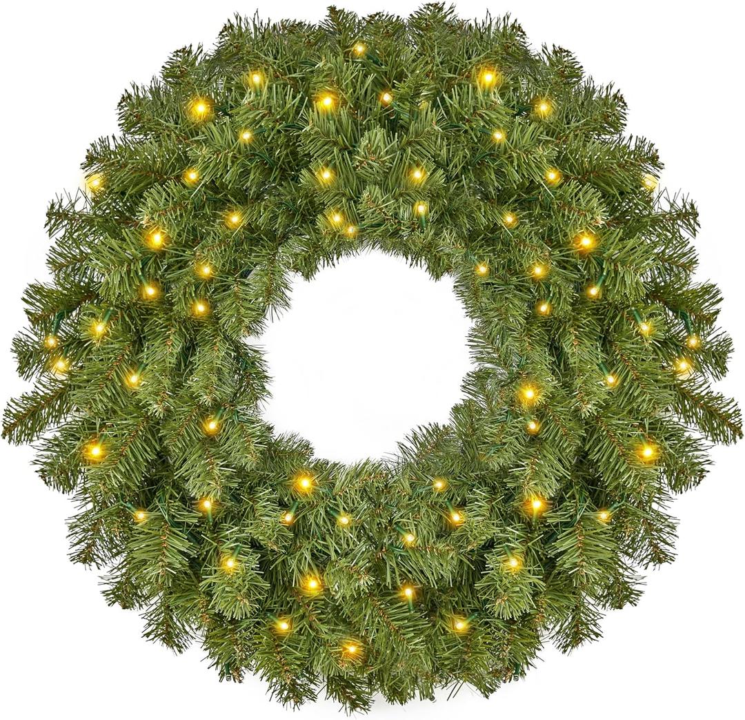 JOYIN 24'' Pre-Lit Christmas Wreath with Warm Lights, Large Lighted Christmas Wreaths for Front Door, Windows, Living Room, Xmas Indoor & Outdoor Holiday Decorations, Battery Operated (Exp: August 11, 2027)