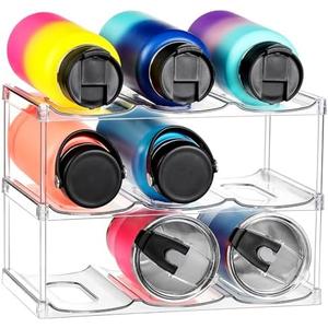 LARGER Compartment - Stackable Water Bottle Organizer Holder - for Stanley & Others' Large Tumbler - Clear Wine Rack, Cup Bottle Holder for Cabinet Home Countertop Fridge Pantry Shelf, 3 Tier Hold 9