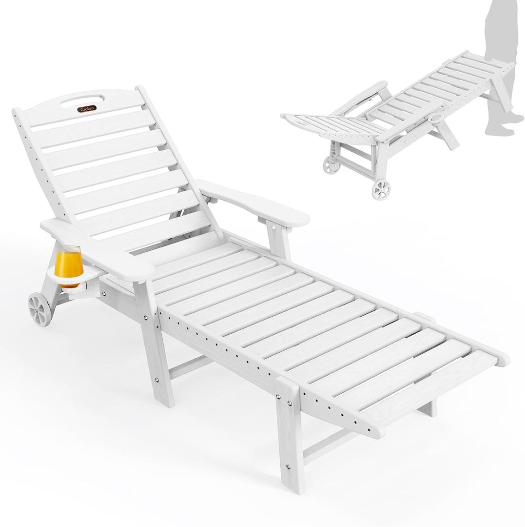 Lounge Chair Outdoor, Oversized Chaise Lounge Chair with 5 Positions, HDPE, Patio Lounge Chair with Wheels & Cup Holder for Pool, Deck, Poolside, White