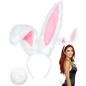 U-Goforst Bunny Ears Headbands and Tail, Bunny Costume Long Furry Rabbit Ear Headband, Halloween Party Cosplay White Bunny Ears Costume Hair Accessories for Adult Women