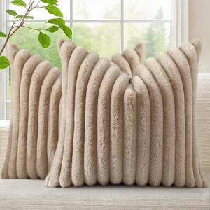 decorUhome Cozy Faux Fur Throw Pillow Covers 22x22 Set of 2 Decorative Soft Plush Striped Modern Farmhouse Boho Couch Euro Sham Pillow Cases with Velvet Back for Sofa Bed Living Room, Khaki Brown