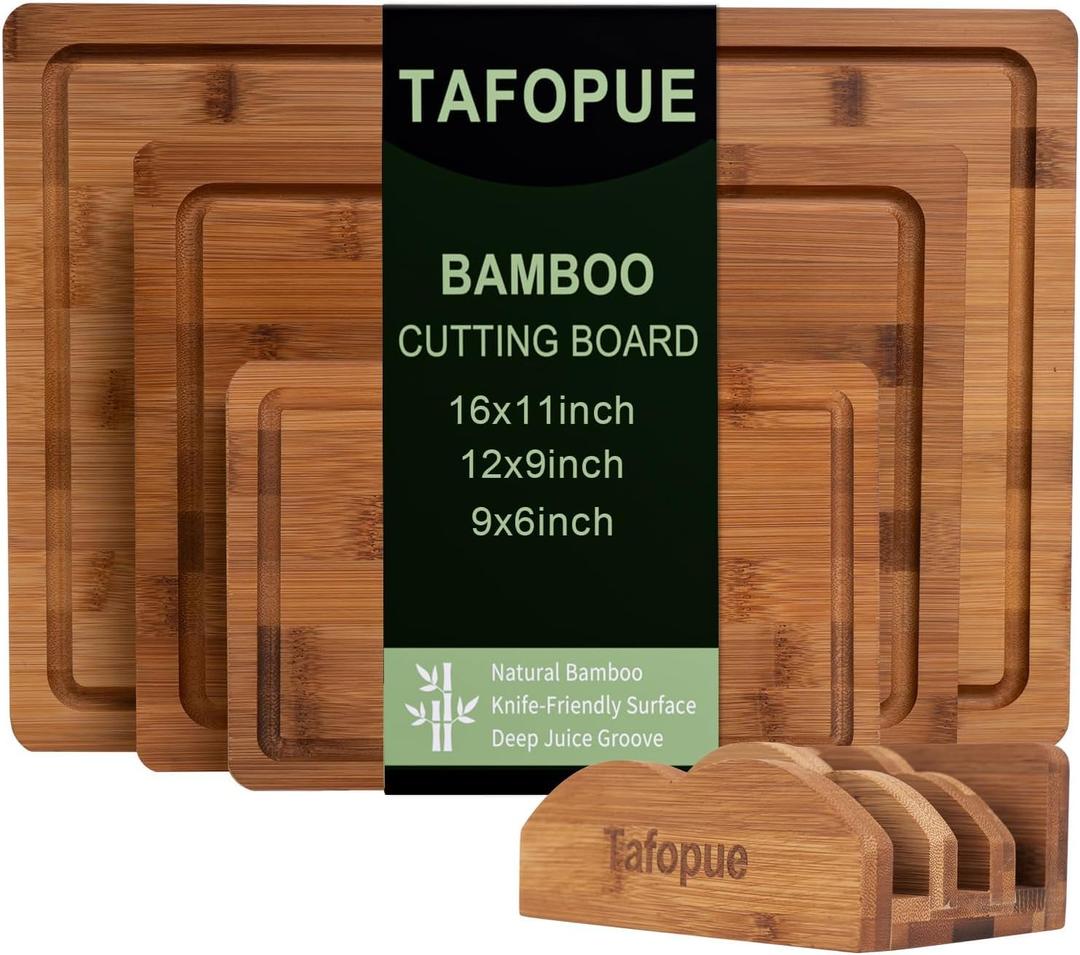Cutting Board Set with Holder, Space Saving Kitchen Bamboo Chopping Boards, Build in Juice Groove and Grip Handle, Durable Wooden Serving Board for Meal Prep & Charcuterie, Gift Idea