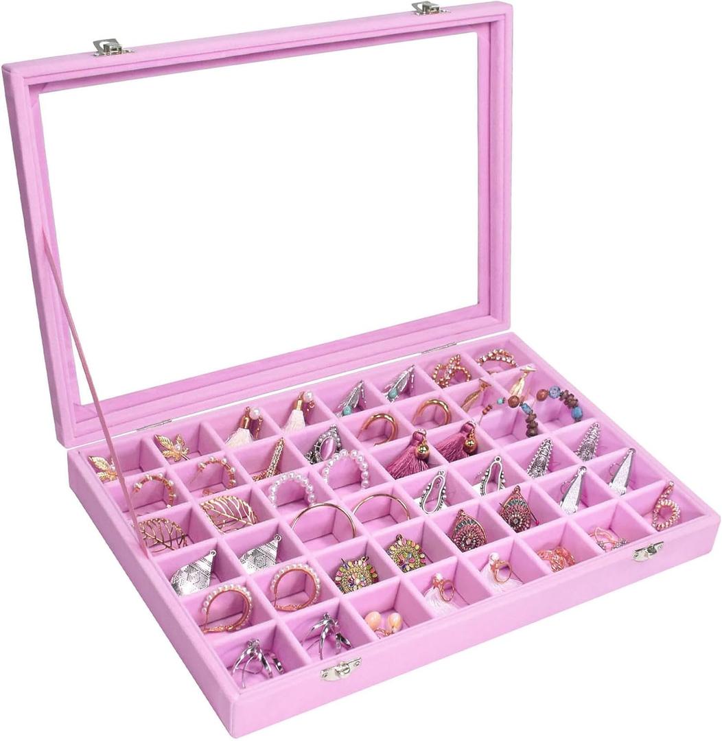 Velvet Jewelry Tray 48 Grid Jewelry Display Tray Organizer Box with Transparent Lid Rings Earrings Necklaces Pendants Display Box Suitable for Women and Girls (Pink)