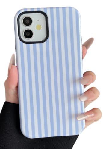 Longlayss Compatible with iPhone 12/12 Pro Case Cute Aesthetic Striped Phone Case for Women Girl Shockproof Slim TPU and Hard PC Protective Cover (Light Blue)