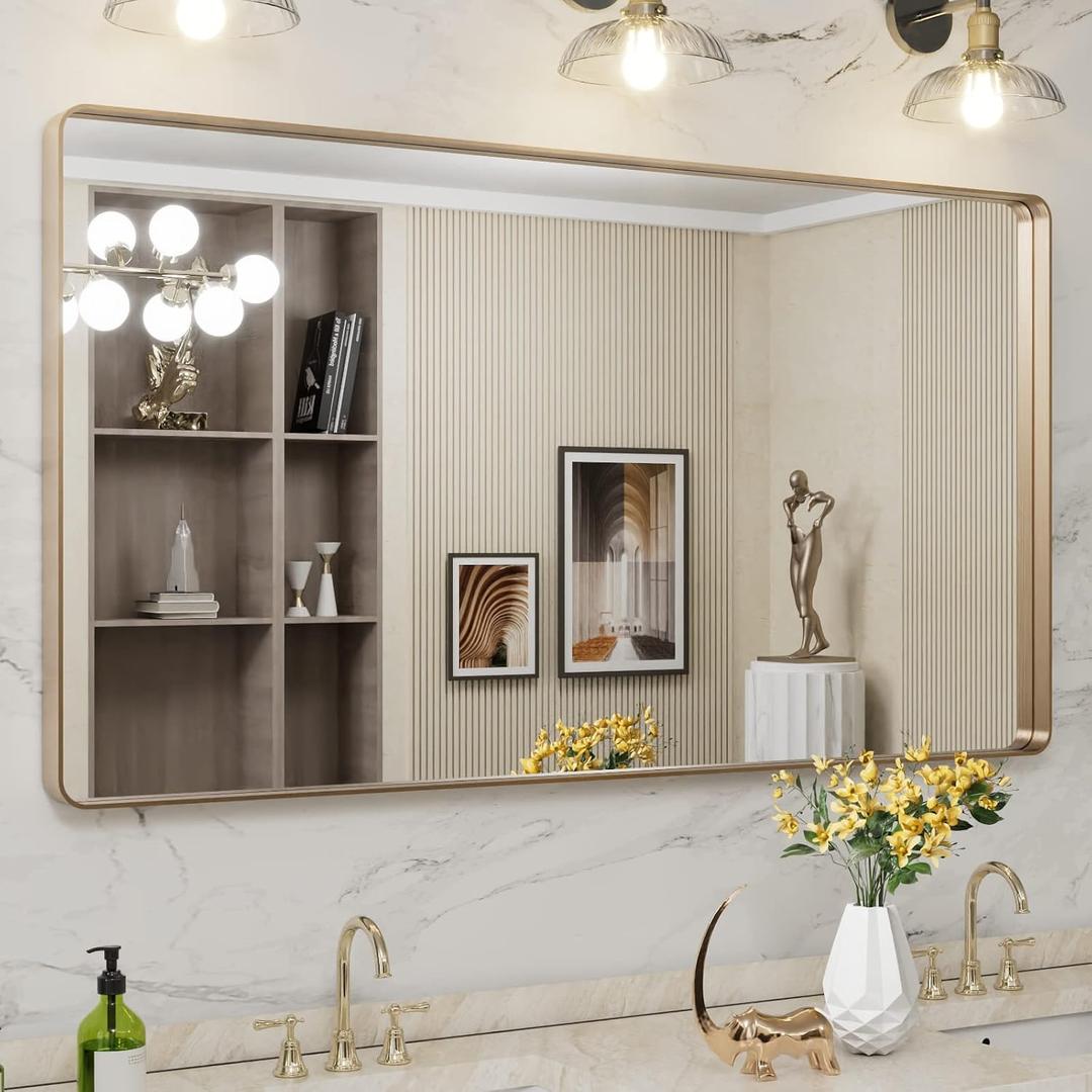 LOAAO 55X30 Gold Bathroom Mirror, Rounded Rectangle Gold Frame Mirror, Brushed Gold Bathroom Vanity Mirror Wall-Mounted, Anti-Rust, Tempered Glass, Hangs Horizontally or Vertically