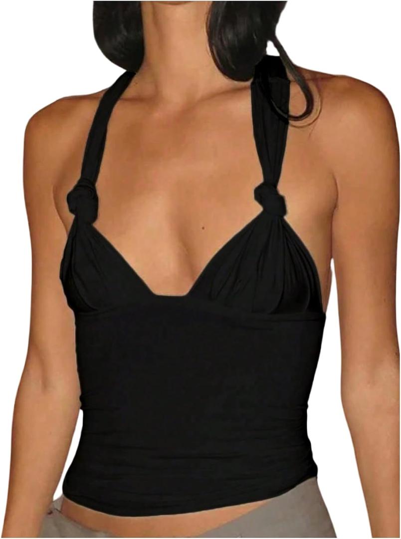Milumia Women's Twist Knot Tie Backless Halter Top Y2k Ruched V Neck Sleeveless Tops (Medium, Black)