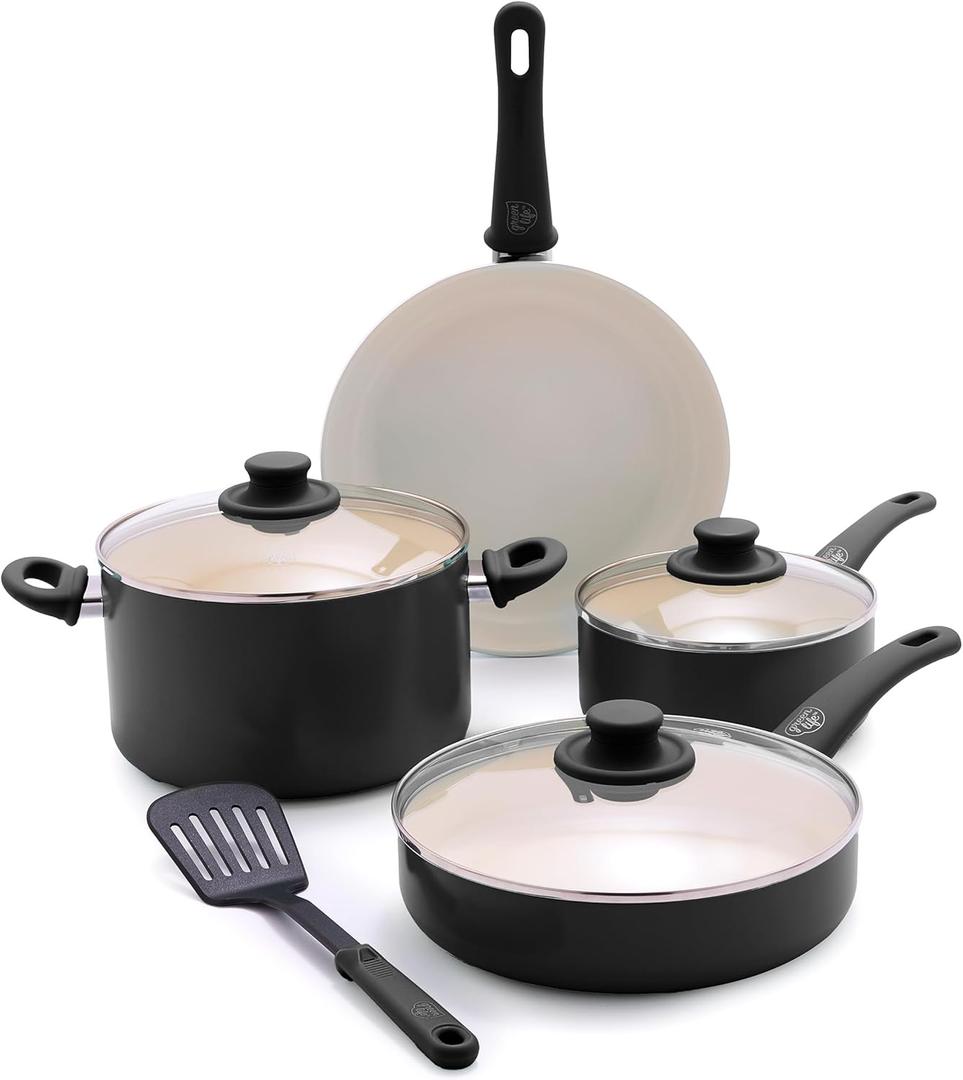 GreenLife Soft Grip 8 Piece Cookware Set, Non-Toxic PFAS-Free Ceramic Nonstick, Frying, Sauce, Saut, Utensils, Glass Lids, Stay-Cool Handles, Wobble Free, Dishwasher & Oven Safe, Black (8 Piece Cookware Set, Black)