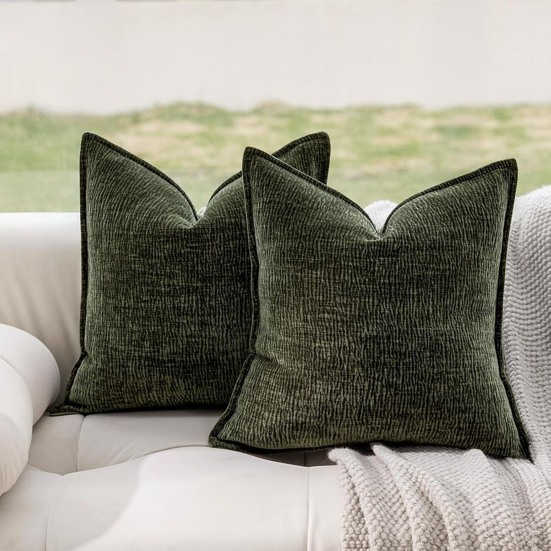 DWR Decorative Throw Pillow Covers Set of 2, 18x18 Crinkled Chenille Textured Cushion Covers for Couch, Sofa or Bed, Modern Rustic Home Accent in Dark Sage