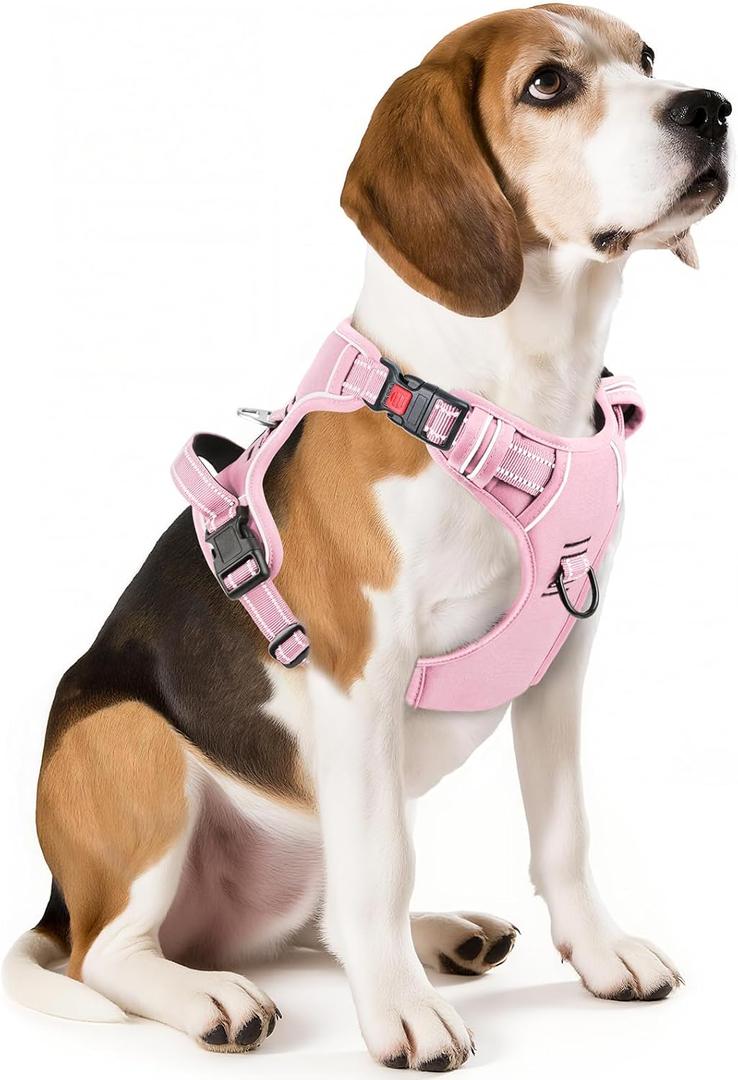 Timos Dog Harness Medium Sized, No Pull Pet Harness with Neck Lockable Snap,No Choke Front Clip Dog Reflective Vest,Adjustable Metal Rings 3 Buckles,Easy Control Handle for Medium Dogs Pink (Medium (Pack of 1))