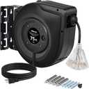 Retractable Cord Reel, 75 FT Heavy Duty Extension Cord, 14AWG/3C SJTOW, 3 Grounded Outlets Lighted Triple Tap, 10A Circuit Breaker, Wall/Ceiling Mounted, UL Listed, Black H75CR06