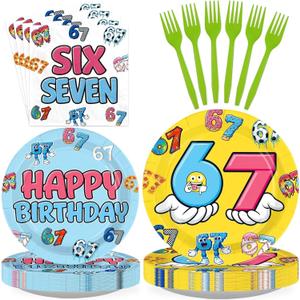 96Pcs 6 7 Birthday Decorations 6-7 Birthday Plates and Napkins Six Seven Themed Disposable Paper Tableware Set for Kids Boys Girls I was 6 Now Im 7 Party Supplies Serves 24