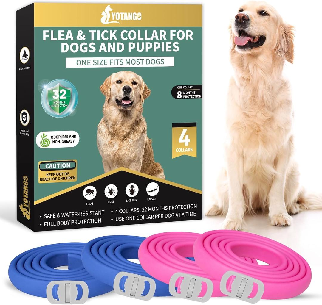 YOTANGO 4 Pack Flea Collar for Dogs, Dog Flea Collar Waterproof, 32 Months Prevention, Dog Fleas and Tick Treatment, Adjustable Fleas and Tick Protection for Dogs Puppy(Blue & Pink)