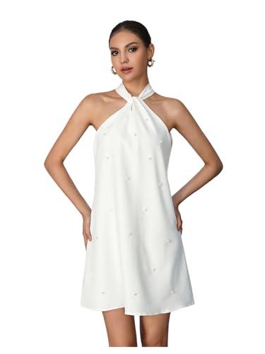 Floerns Women's Pearl Beaded Halter Twist Sleeveless Tie Back Dress A Line Dress White L Floerns Women's Pearl Beaded Halter Twist Sleeveless Tie Back Dress A Line Dress White L
