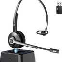 Wireless Headset with Mic for Work, Trucker Bluetooth Headset with Microphone Noise Canceling & USB Dongle, Wireless Headphones with Mic Mute & Charging Base for Work/ PC Computer/ Phones/ Office/ Meeting