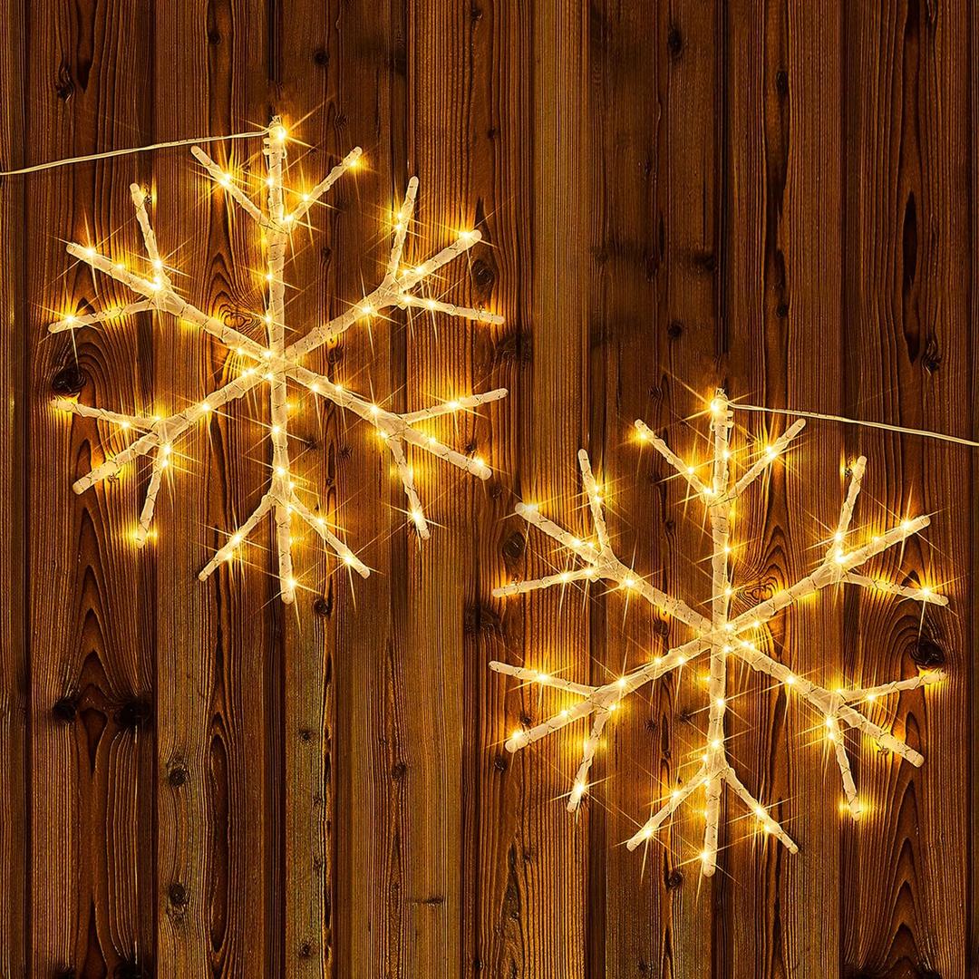 Fudios Snowflake Lights Warm White Battery Operated with Timer 70 LED 14in for Christmas Wall Window Decoration 2sets