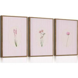 KISSFOX 3 Piece Framed Wall Art Botanical Wall Decor Pink Floral Pictures Wildflower Canvas Art Striped Minimalist Paintings Boho Artwork For Girly Room Bedroom Apartment Dorm Living Room, 16x24 In Natural Framed