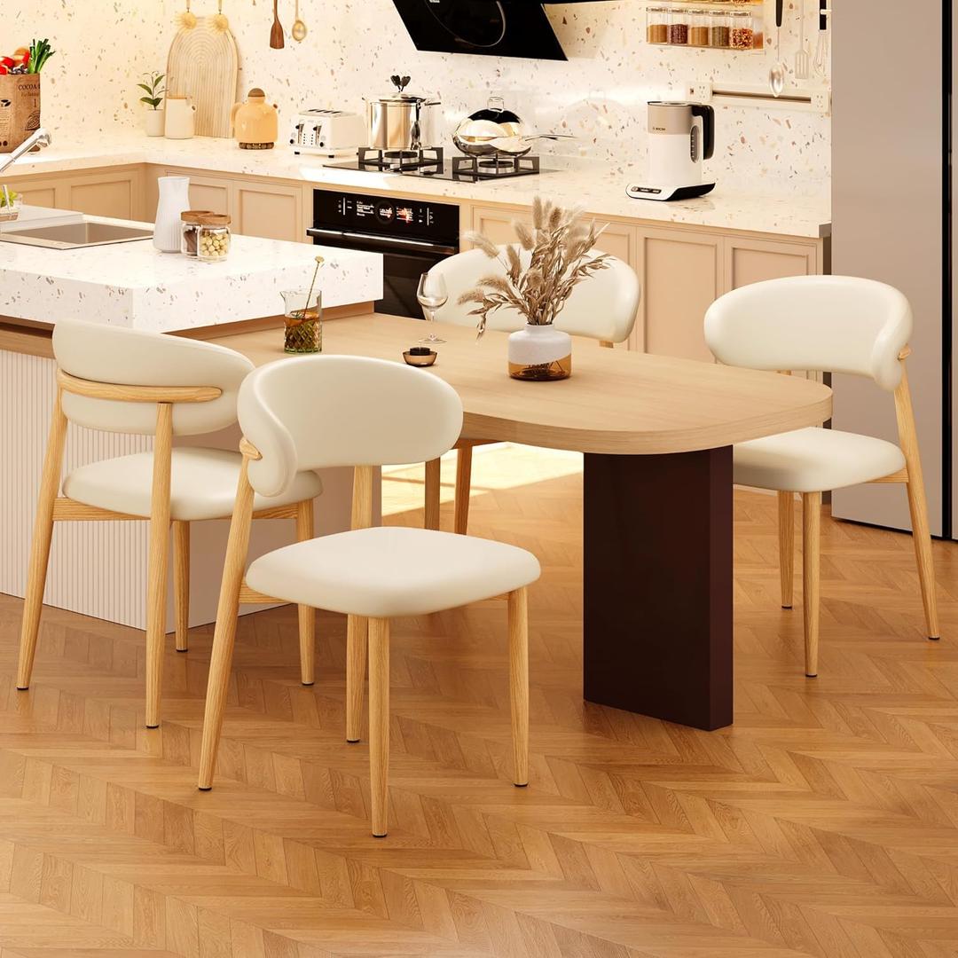 Kitchen Dining Chairs Set of 4 Modern Upholstered Leather Farmhouse Dining Room Chair with Metal Legs, Beige