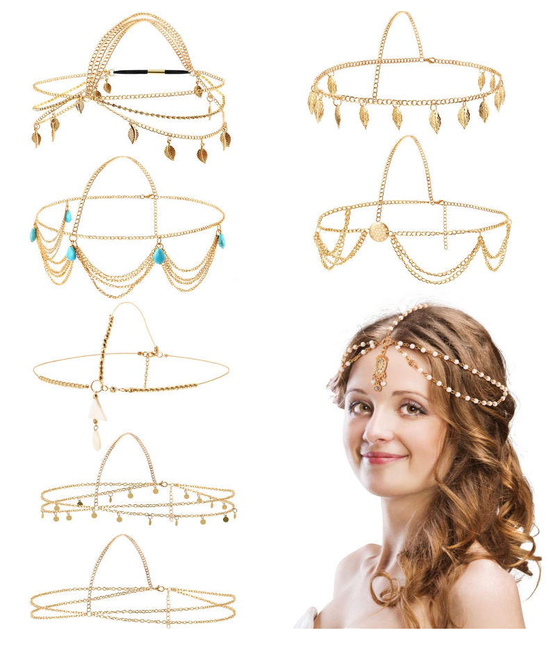 WILLBOND 8 Pieces Gold Head Chain Jewelry Halloween Boho Headband Coins Pearl Tassel Chain Hair Band Festival Prom Wedding Headpiece for Women(Elegant Style)