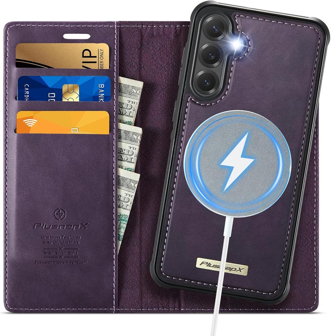 Wallet Case for Samsung Galaxy S24 Compatible with Magsafe, 2-in-1 PU Leather Flip RFID Blocking Card Holder Stand Shockproof Magnetic Detachable Cover for Galaxy S24 Case 6.2", Retro Purple