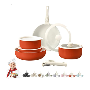 Cookware Set, Cookware Set Removable Handle, 5/9/11/15/17 Piece, Stackables, Oven Safe, Super Easily Clean, for Kitchen (Red,15 Pcs)