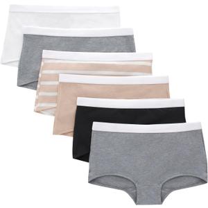 Hanes Girls' Originals Boyshort Underwear, Stretch Cotton Boyshorts, Black & Assorted, 6-Pack, Size 6