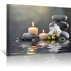 PBXBJY Bathroom Wall Art Orchid Flower with Black Zen Stone Pictures SPA Candle Picture Prints Still Life Canvas Painting for Meditation Spiritual Room Decor (White, (16.00" x 24.00"))
