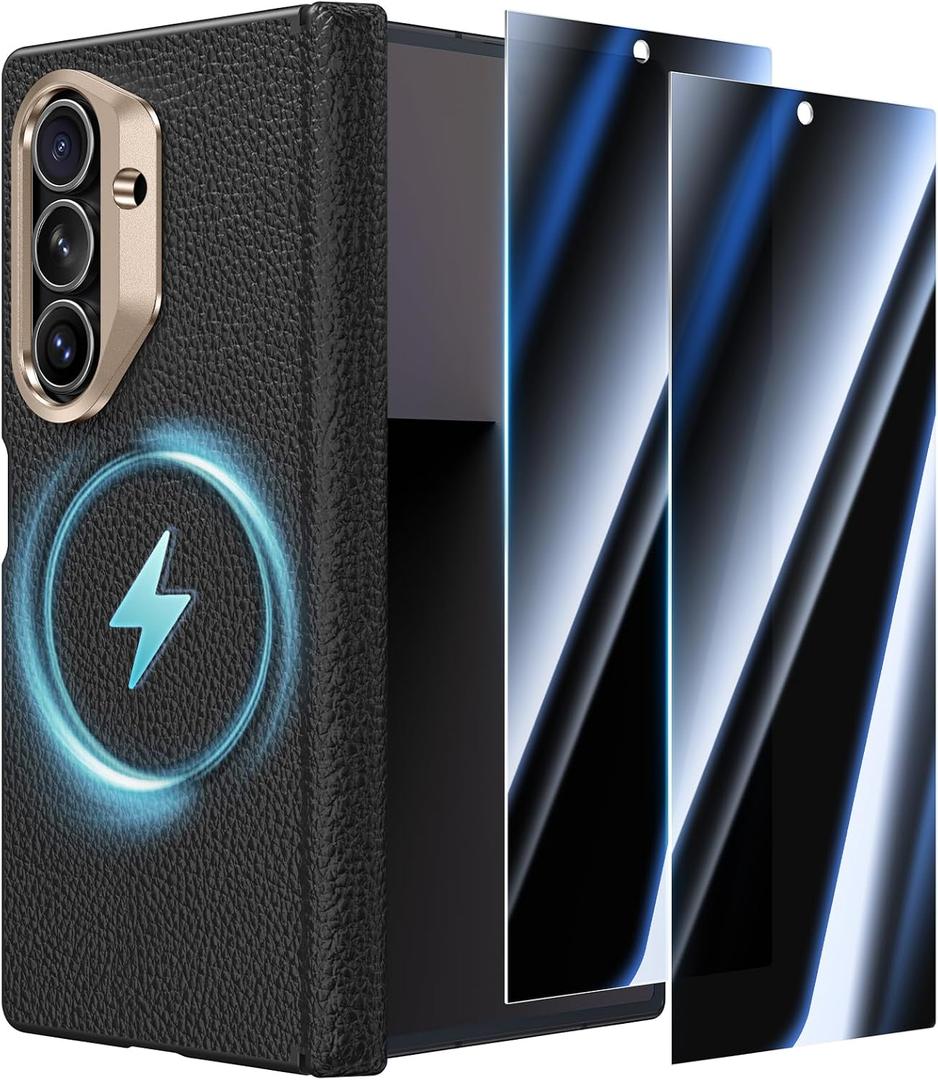 Leather Case for Samsung Galaxy Z Fold 7 with Hinge Protection, [Compatible with MagSafe] with 2 X Privacy Screen Protector Magnetic Cover for Galaxy Z Fold7 2025 [Without Front Frame], Black