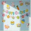 Easter Party Decorations, Easter Decorations Set Happy Easter Banner Easter Window Clings Hanging Easter Egg Banner Decorations for Indoor Outdoor Garden Office Home Classroom Spring Party