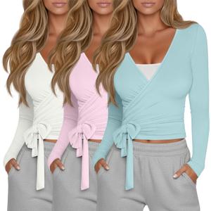 3 Pack Women's Tie Wrap Tops, Long Sleeve Workout Ballet Yoga Pilates Shirts Deep V Neck Tie Front Y2k Blouses (X-Large, Beige White, Pink, Light Lake Blue)