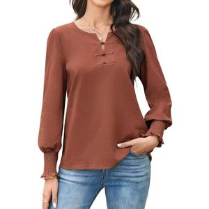 Womens Long Sleeve Tops 2025 Fall Henley Shirts Work Blouses Dressy Casual Trendy Clothes (L)