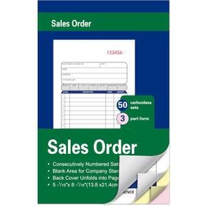 Large Receipt Book,5-7/16 x 8-7/16 Inches,Carbonless Paper,3-Part Duplicate Copy Sales Order Form,White/Canary/Pink,50 Sets per Book