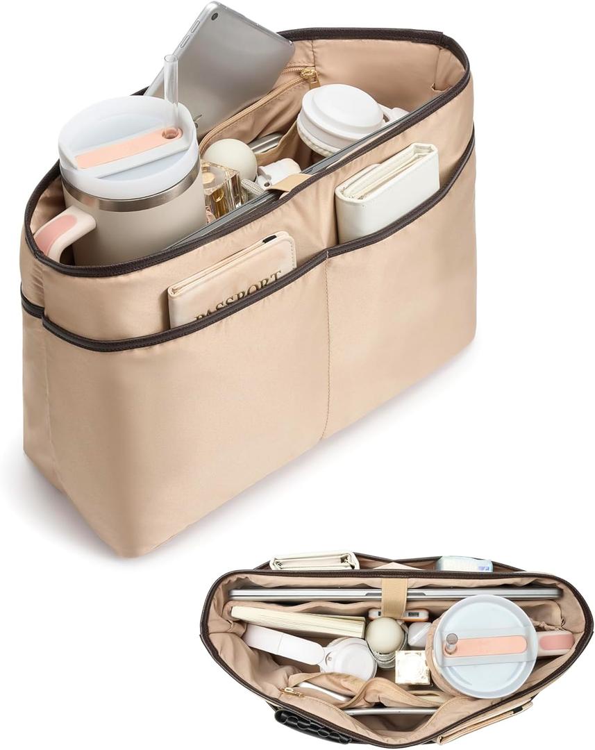 TOVICE XL Purse Organizer Insert for Tote Bag with 40oz Cup Holder & 16" Laptop Sleeve - Satin Bag Organizer with 10 Pockets, Light Weight,Compatible with Neverfull GM, XL Tote Bag Organizer Insert