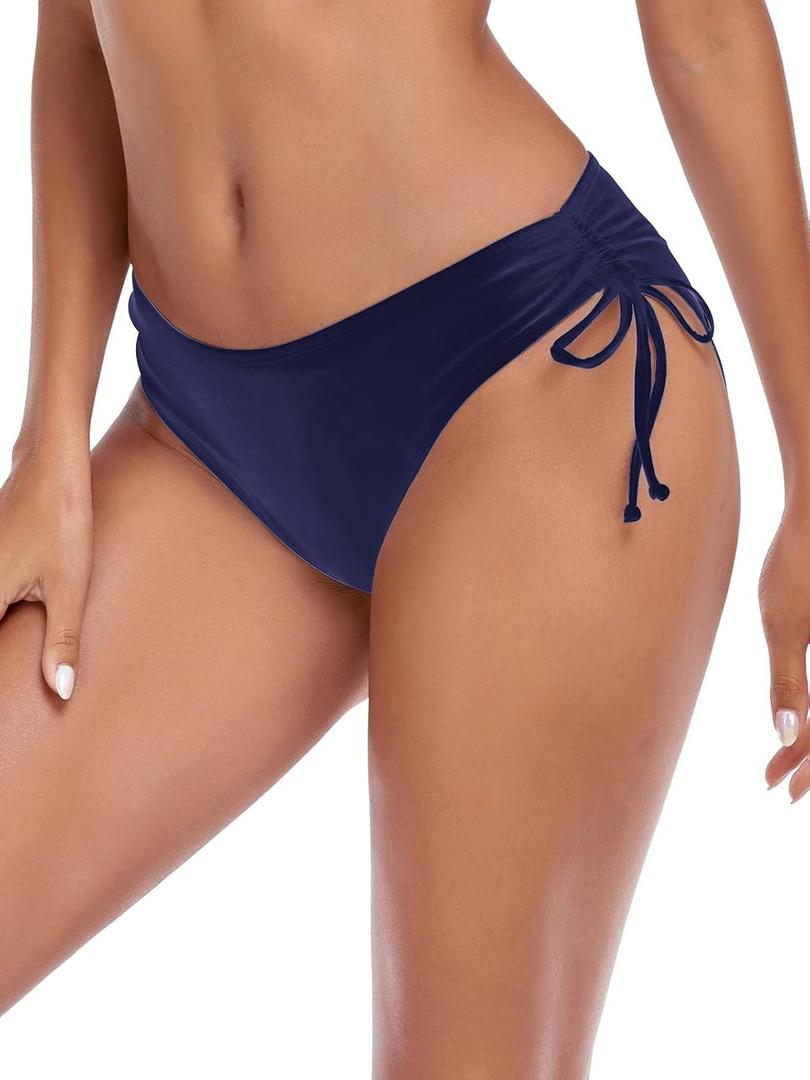 Colloyes Women's Drawstring Bikini Bottoms Full Coverage Low Waisted Swim Bottom (Navy Blue) S